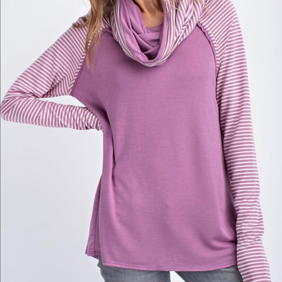 Tops - Purple French Terry Pullover Tunic Top Cowl Neck